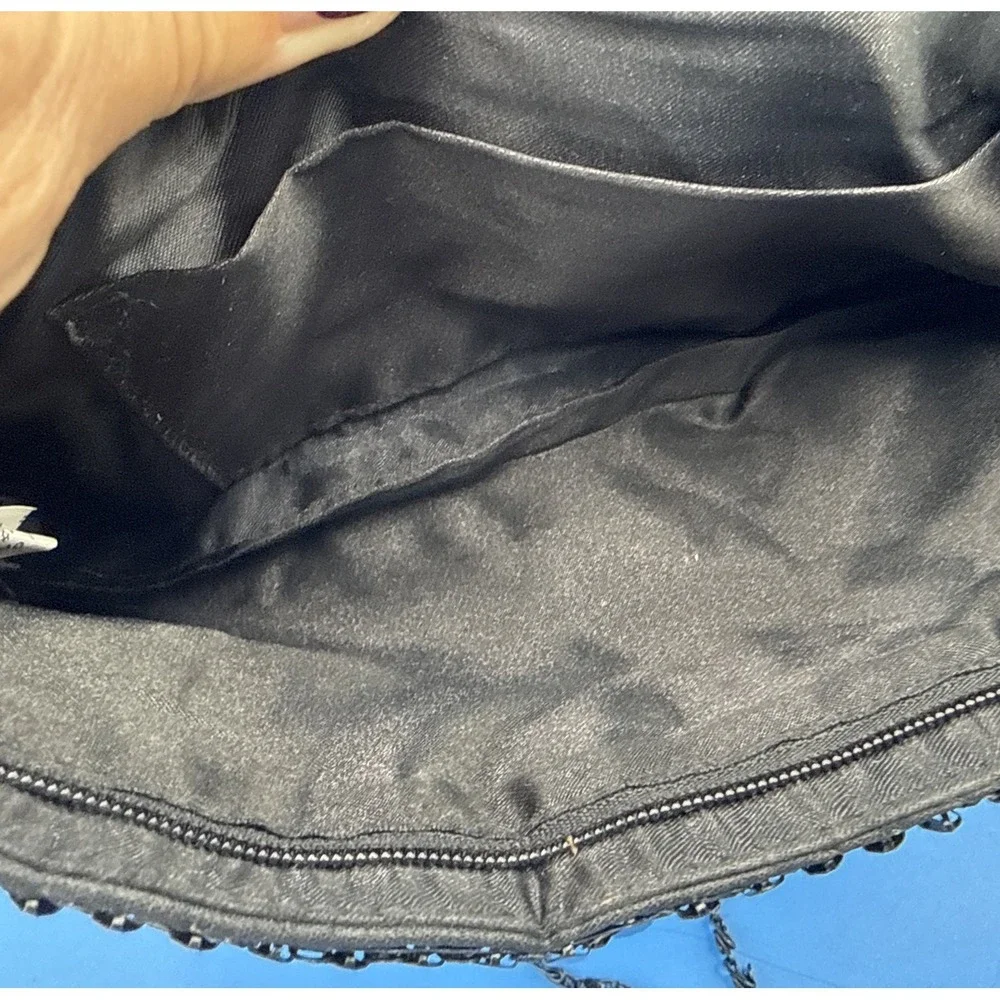 Black Beaded Evening Bag Metal Chain Shoulder Strap Purse Clutch Satin Inside